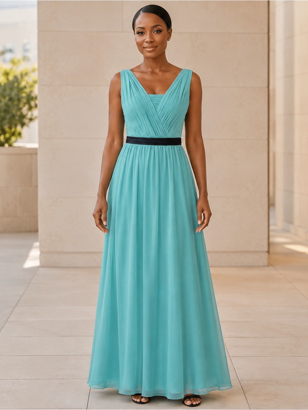 Wtoo green belted flowing gown maxi size 4 dress sleeveless black belt